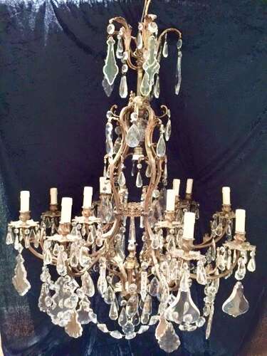Large French Brass Antique Crystal Chandelier
