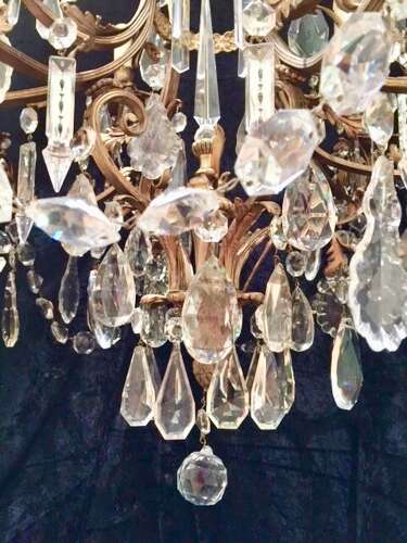 Large French Brass Antique Crystal Chandelier