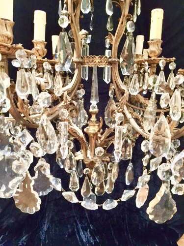 Large French Brass Antique Crystal Chandelier