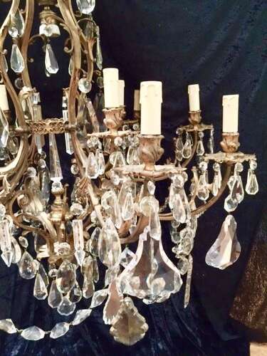 Large French Brass Antique Crystal Chandelier