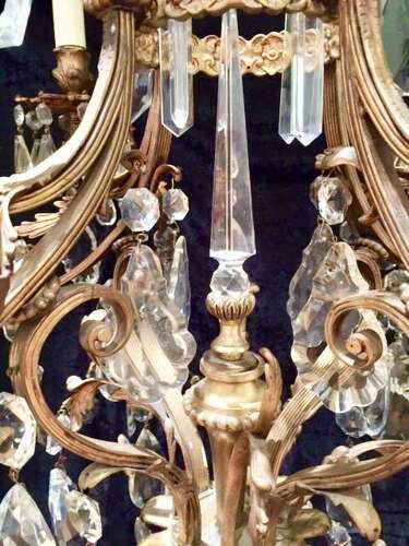 Large French Brass Antique Crystal Chandelier