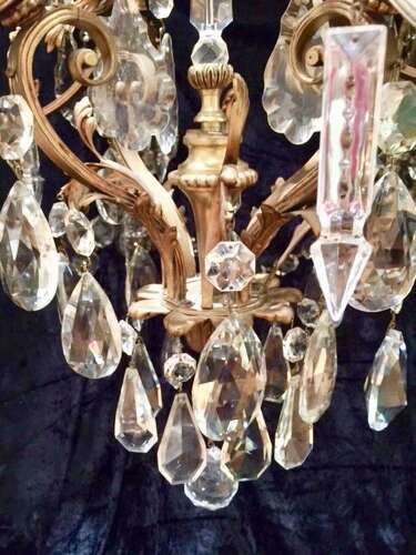 Large French Brass Antique Crystal Chandelier
