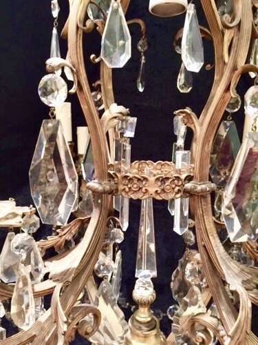 Large French Brass Antique Crystal Chandelier