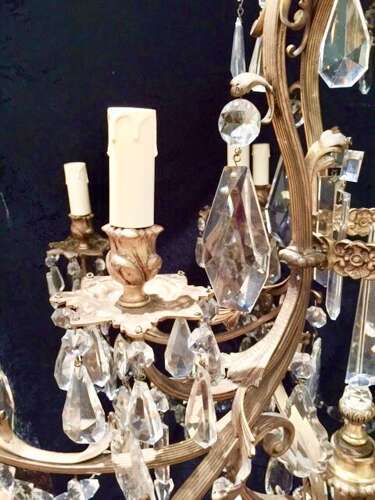 Large French Brass Antique Crystal Chandelier