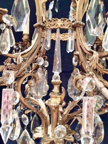Large French Brass Antique Crystal Chandelier