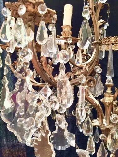 Large French Brass Antique Crystal Chandelier