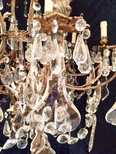 Large French Brass Antique Crystal Chandelier