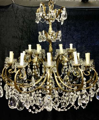 A Large Italian Antique Brass and Crystal 18 light Chandelier