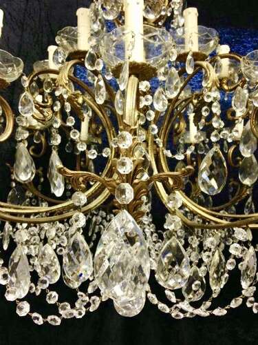 A Large Italian Antique Brass and Crystal 18 light Chandelier