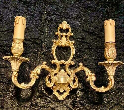 A PAIR OF TWO ARM FRENCH BRASS WALL-LIGHTS WITH OPEN FRAME