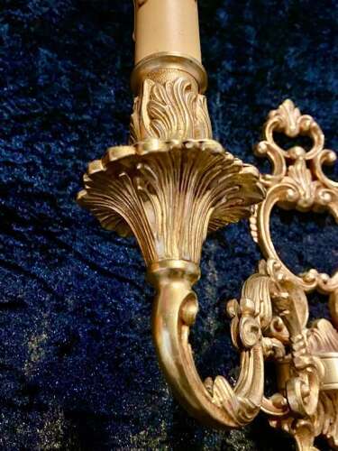 A PAIR OF TWO ARM FRENCH BRASS WALL-LIGHTS WITH OPEN FRAME
