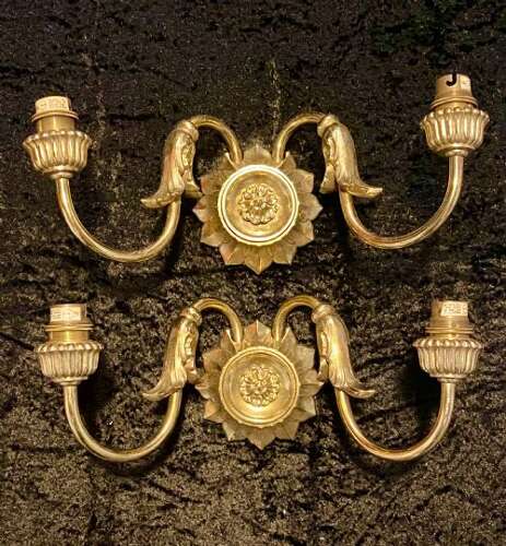 A PAIR OF TWO LIGHT FRENCH BRASS WALL-LIGHTS