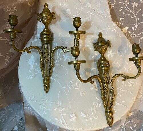 A Pair of French Antique Two Light Brass Antique Wall-lights