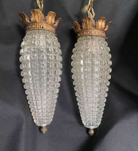 A Pair of French Antique Cut Glass Hall Lanterns