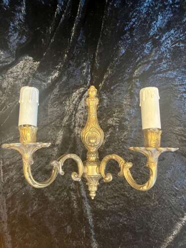 A Pair Of Twin Light Antique French Brass Wall Lights.