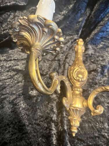 A Pair Of Twin Light Antique French Brass Wall Lights.