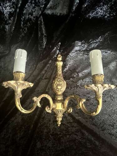 A Pair Of Twin Light Antique French Brass Wall Lights.