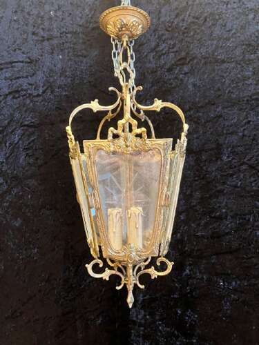 French Brass Gilded Three Light Antique Lantern