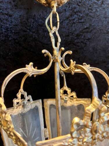 French Brass Gilded Three Light Antique Lantern