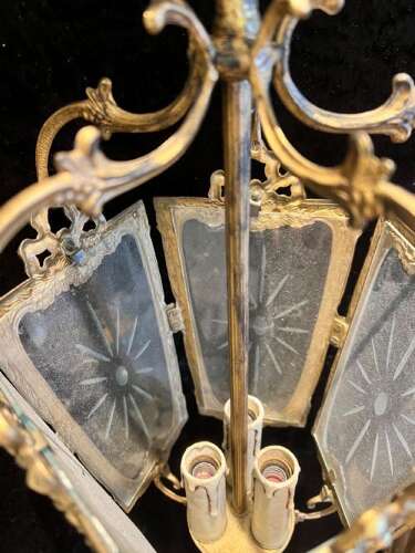 French Brass Gilded Three Light Antique Lantern