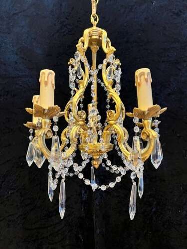 French Gilt Brass Five Light Antique Crystal Chandelier
