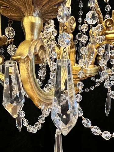 French Gilt Brass Five Light Antique Crystal Chandelier