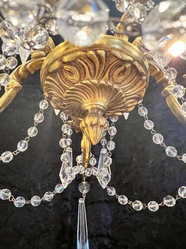 French Gilt Brass Five Light Antique Crystal Chandelier