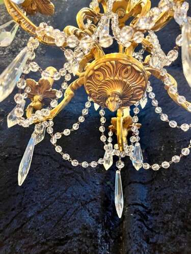 French Gilt Brass Five Light Antique Crystal Chandelier