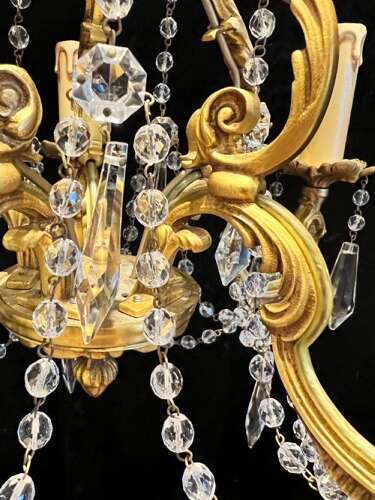 French Gilt Brass Five Light Antique Crystal Chandelier