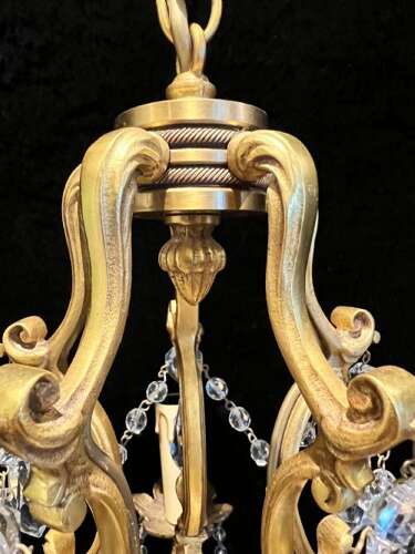 French Gilt Brass Five Light Antique Crystal Chandelier