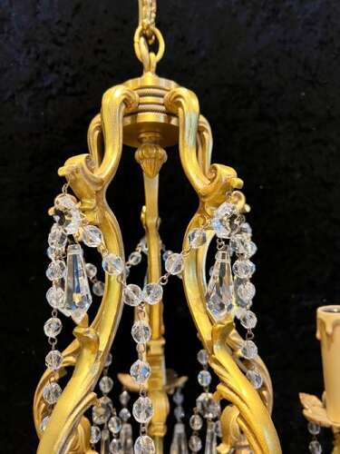 French Gilt Brass Five Light Antique Crystal Chandelier