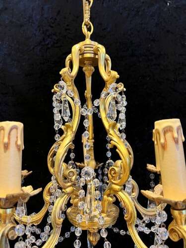 French Gilt Brass Five Light Antique Crystal Chandelier