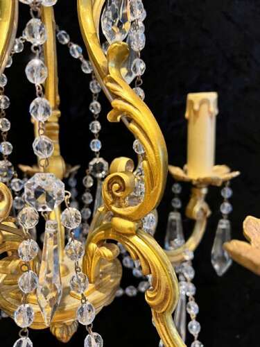 French Gilt Brass Five Light Antique Crystal Chandelier