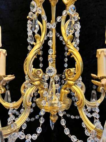 French Gilt Brass Five Light Antique Crystal Chandelier