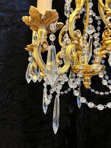 French Gilt Brass Five Light Antique Crystal Chandelier