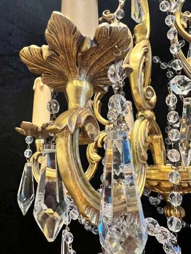 French Gilt Brass Five Light Antique Crystal Chandelier
