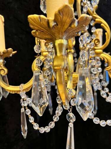 French Gilt Brass Five Light Antique Crystal Chandelier