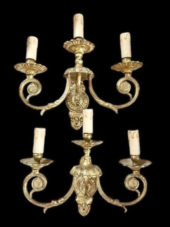 A Pair of Triple Light Brass French Antique Wall-lights