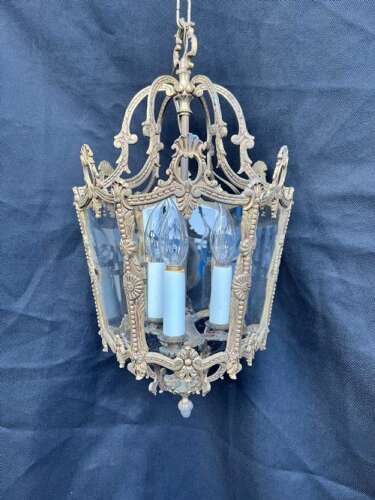 A Three Light French Antique Brass Lantern