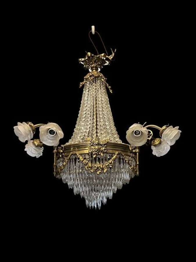 French Brass and Crystal 16 Light Tent and Waterfall Antique Chandelier