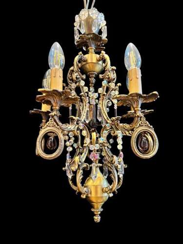 Five Light French Rococo Bronze Antique Chandelier