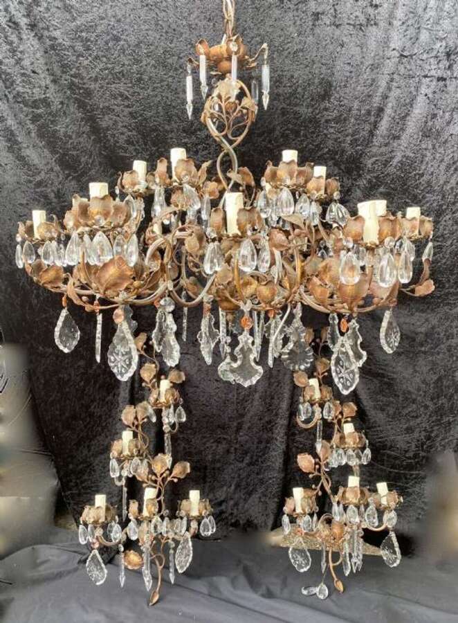 A Pair of Large Italian Rustic Leafy Italian Twelve Light Chandeliers with or without Wall