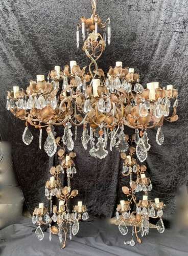 A Pair of Large Italian Rustic Leafy Italian Twelve Light Chandeliers with or without Wall