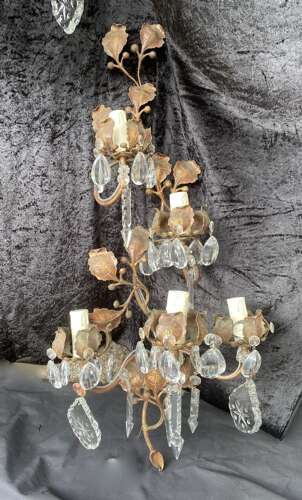 A Pair of Large Italian Rustic Leafy Italian Twelve Light Chandeliers with or without Wall