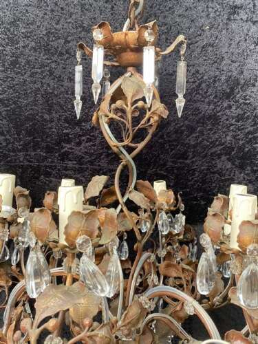 A Pair of Large Italian Rustic Leafy Italian Twelve Light Chandeliers with or without Wall