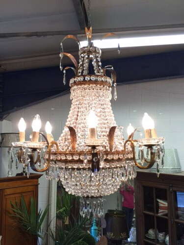 A Large Gilt Crystal Basket Chandelier