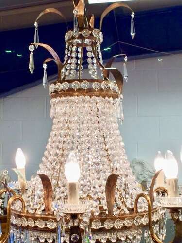 A Large Gilt Crystal Basket Chandelier