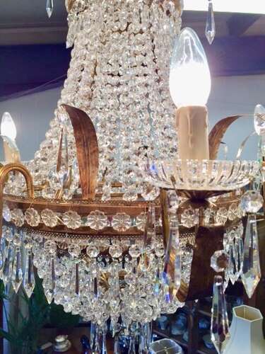 A Large Gilt Crystal Basket Chandelier