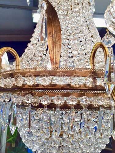 A Large Gilt Crystal Basket Chandelier