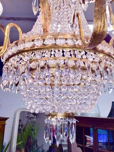 A Large Gilt Crystal Basket Chandelier